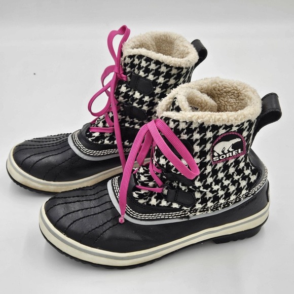 Sorel Houndstooth Black White Tivoli Waterproof Ankle Winter Snow Boot Size 7 - Picture 1 of 9